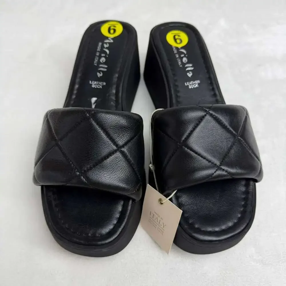 Mariella Women's Wedge Heel Platform Quilted Leather Slide Sandals Black Sz 9
